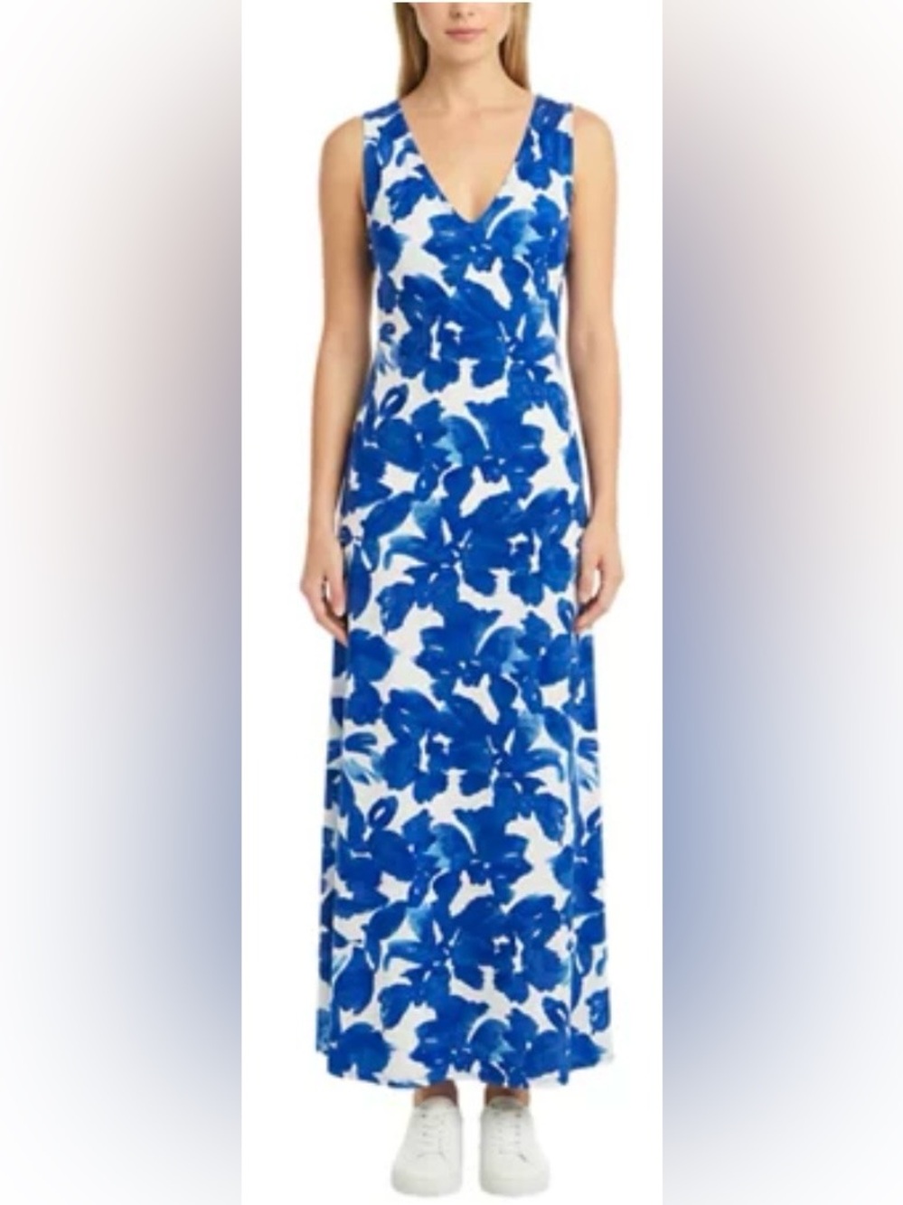 London Times Maxi Dress Blue White Floral Print Sleeveless V-Neck Sz XL